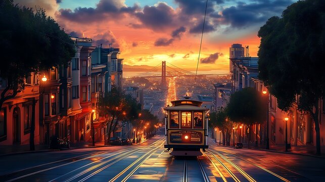 San Francisco cable car at sunset, California, United States of America