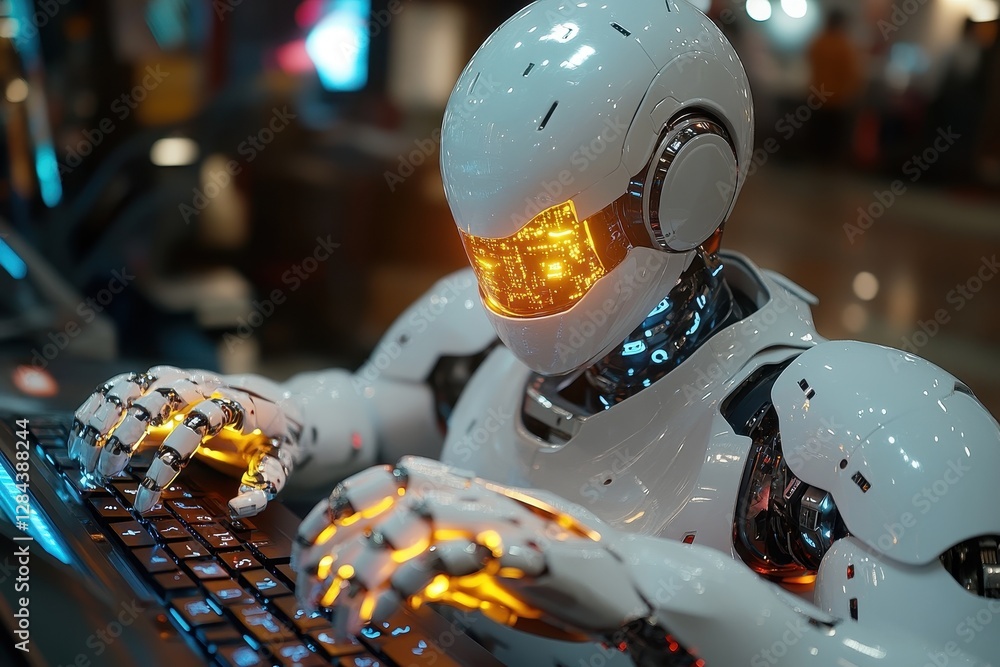 Poster advanced robot typing on keyboard in a modern tech environment during a busy day