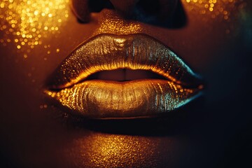 Close up shot of beautiful female lips with golden makeup and sequins