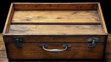 Aged wooden box, open top, on dark table, empty interior