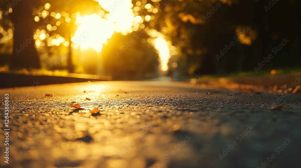 Poster golden hour light illuminating a quiet suburban street with soft textures and autumn leaves creating