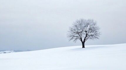 Lone tree standing in a vast snowy landscape reflecting the calmness of winter season : Generative AI