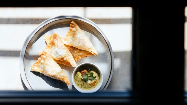 Fusion dishes featuring Indian flavors with samosa empanadas and zesty cilantro lime sauce on a modern plate