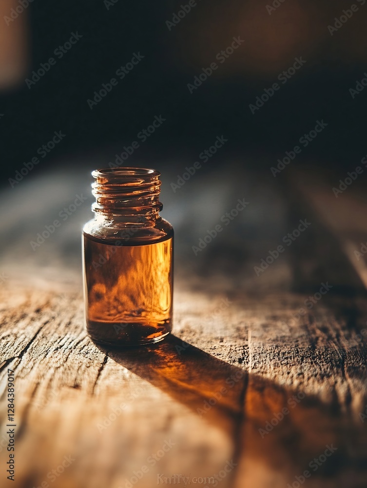 Aufkleber elegant glass bottle filled with amber liquid casting a shadow on rustic wooden surface in soft ligh