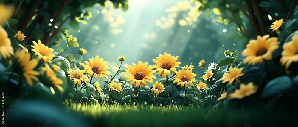 Poster sunflowers in a forest clearing with dappled light shining. nature background use