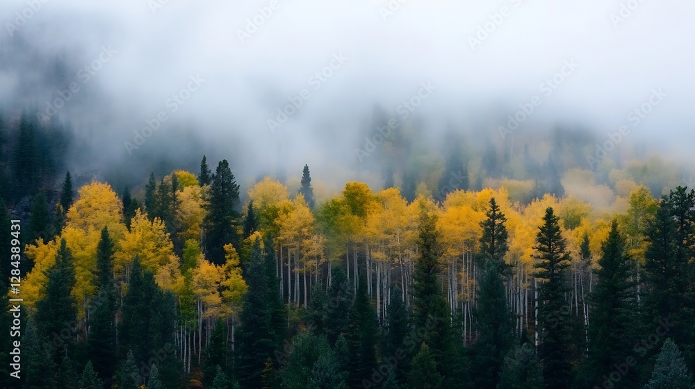 Poster vibrant autumn forest with colorful trees shrouded in misty clouds and fog : generative ai