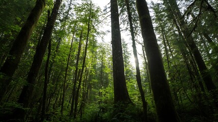 Obraz premium Majestic view of towering trees in a lush forest with sunlight filtering through greenery above : Generative AI