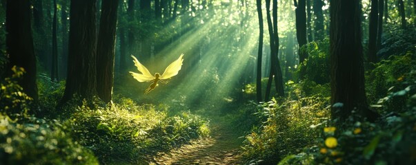 Obraz premium Magical fairy flying in sunlit forest with glowing wings