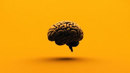 A detailed 3D brain model hovers in the air, set against a bright yellow backdrop. This striking visual symbolizes thought, creativity, and intelligence in a bold manner