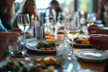 Obraz premium Group enjoying elegant dining experience with wine and gourmet dishes in cozy atmosphere during evening gathering. Generative AI