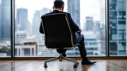 Businessman Sitting in Executive Chair Gazing Out at the Cityscape Beyond the Office Window : Generative AI