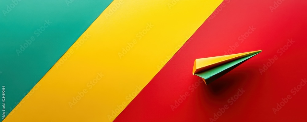 Poster colorful paper plane on vibrant multicolored background with triangular design elements