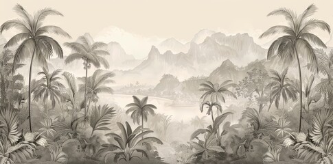 Watercolor pattern wallpaper. Painting of a jungle landscape in vintage retro style.