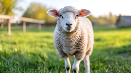 Curious sheep standing in lush green field under bright sunlight showcasing farm life beauty : Generative AI