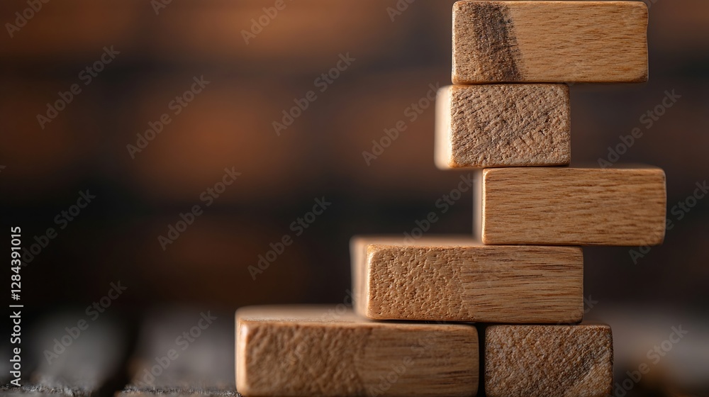 Leinwandbilder closeup view of wooden blocks stacked artistically on a rustic table surface : generative ai
