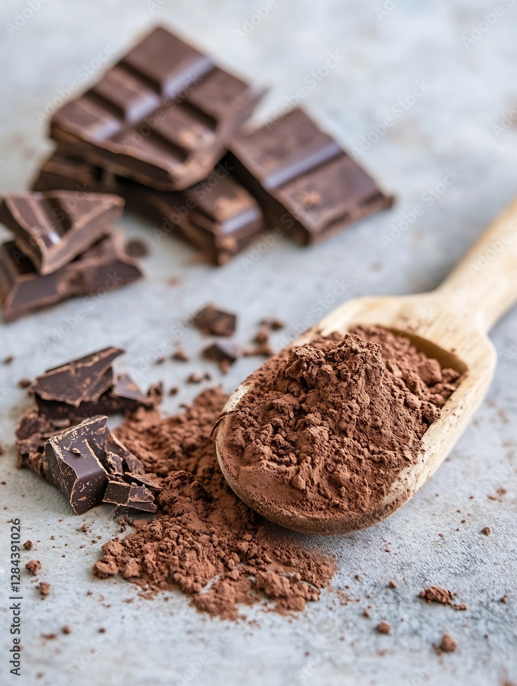 Poster Artful arrangement of dark chocolate pieces and cocoa powder on a rustic background : Generative AI
