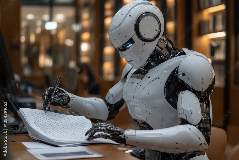 Poster robot studies documents in a modern library setting during the evening hours