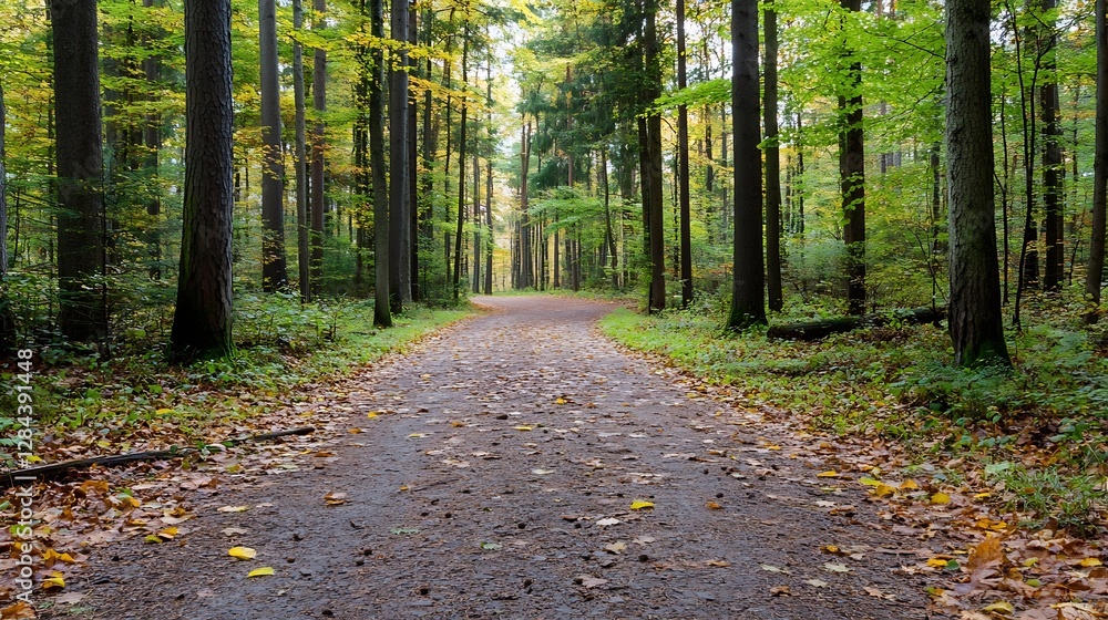 Poster Peaceful autumn forest path adorned with colorful leaves leading through a tranquil woods offering a serene escape : Generative AI