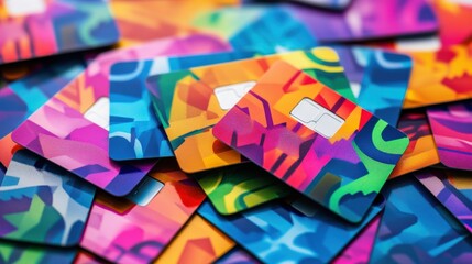 Fototapeta premium Colorful Pile of Unused Gift Cards Displaying Vibrant Designs for Consumer Spending