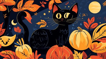 Spooky Autumn Night: Hand-Drawn Illustration of a Black Cat with Pumpkins AI Generated