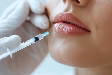 Close-up of female lips being injected with filler injection in clinic