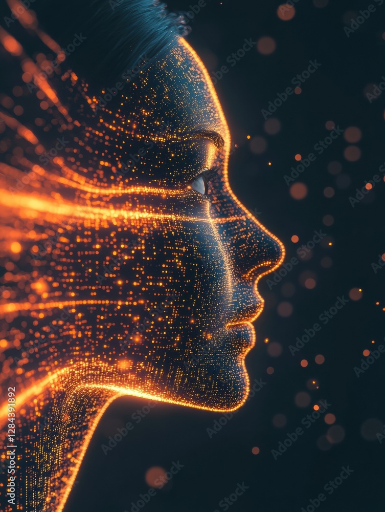 Poster Human face outline merges with a stream of binary code creating a futuristic data flow concept. Generative AI
