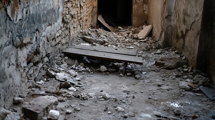 Fototapeta premium Abandoned interior of a dilapidated building with debris scattered on the floor : Generative AI
