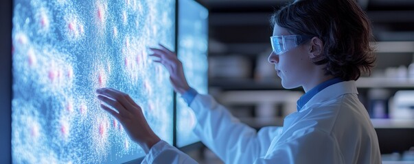Young scientist interacting with futuristic touchscreen display in laboratory setting