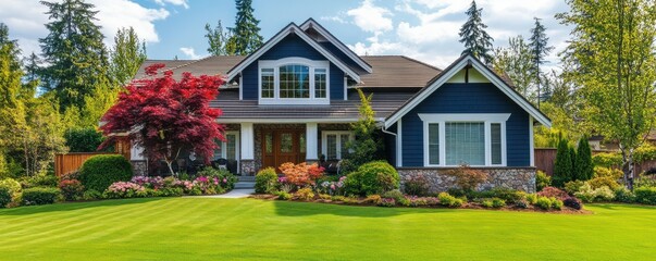 Beautiful suburban home with manicured lawn and lush garden landscape