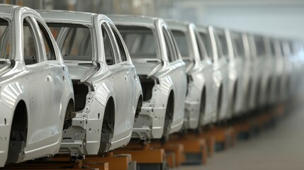 Fototapeta premium Quality check concept. Manufacturing line of white car bodies in a factory setting.