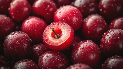 Close-up of juicy red cherries, one halved, showing the pit, on a bed of similar fruits