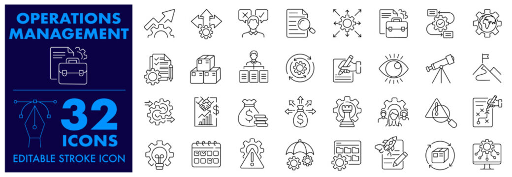 Operation management icons Business administration, Workflow, Planning, Analysis, Task , Process and more Editable Stroke Icons set.