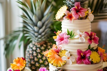A tropical wedding cake with vibrant colors, hibiscus flowers, and tropical fruits like pineapple and coconut