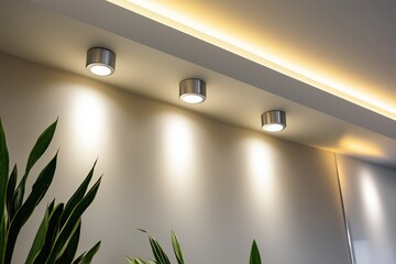 Lighting equipment on the wall in the living room. Spotlights under the ceiling. Track LED-lighting system