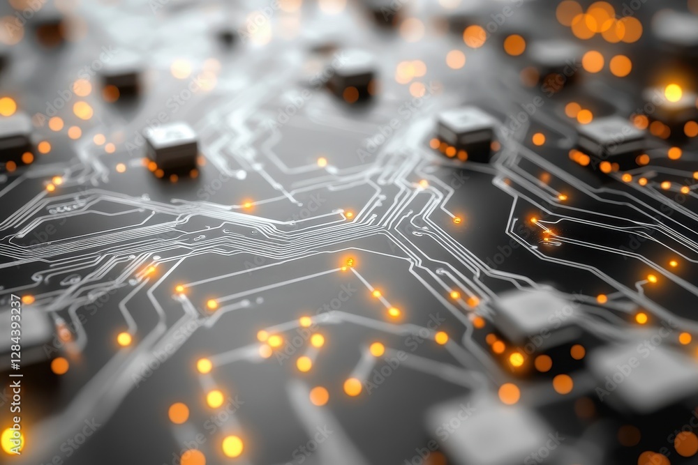 Poster circuit board with glowing lights shows intricate design and technology elements in a digital settin