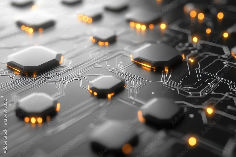 Poster close view of a modern circuit board with glowing elements and intricate patterns during nighttime