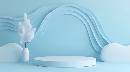 Serene Blue 3D Render: Minimalist Product Display with Pampas Grass AI Generated