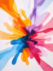 Bold splashes of orange, blue, pink, and purple create an energetic abstract design. The artwork displays a harmonious explosion of colors emanating from a central point