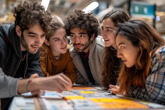 The photo idea is a close-up shot of a team huddled around a scrum board, looking focused and engaged in a discussion. The image captures the essence of collaboration