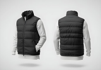Black puffer vest mockup. Front, back views. Urban style. Versatile design. Suitable for different seasons. Used for fashion, outdoor activities brand presentation. Isolated on white background.