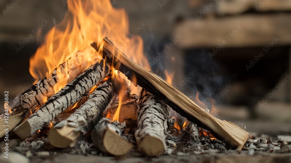 Poster warm and inviting campfire with flames dancing over wood logs creating a cozy atmosphere : generativ
