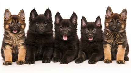 Five Adorable Puppies of German Shepherd Breed Sitting Together on a White Background