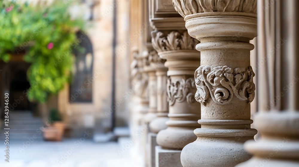 Poster closeup view of intricately carved stone columns with historical architecture : generative ai