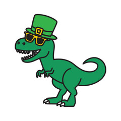 Funny St. Patrick’s Day T-Rex Clipart – Irish Dinosaur with Sunglasses and Leprechaun Hat Vector**