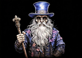 Obraz premium A haunting and eerie portrait of an old man with a long grey beard, wearing a tall, vintage top hat and an elegant yet slightly tattered fancy suit.