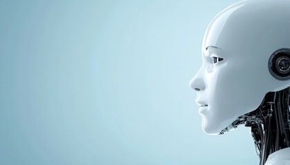 Obraz premium A sleek humanoid robot head is displayed against a soft, light blue background. The intricate mechanical elements are partially visible, highlighting advanced robotics design