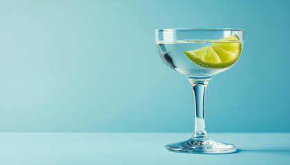 Fototapeta premium Margarita or Daiquiri cocktail in glass with lime on blue background, copy space. Trendy concept of cocktail party, classic cocktail recipe