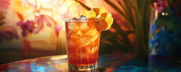 Refreshing iced tea with citrus garnish on vibrant tropical background