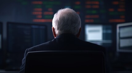 Fototapeta premium A business professional sits at a dark office space, focused on computer screens displaying financial data and market trends. The ambient lighting creates a serious atmosphere