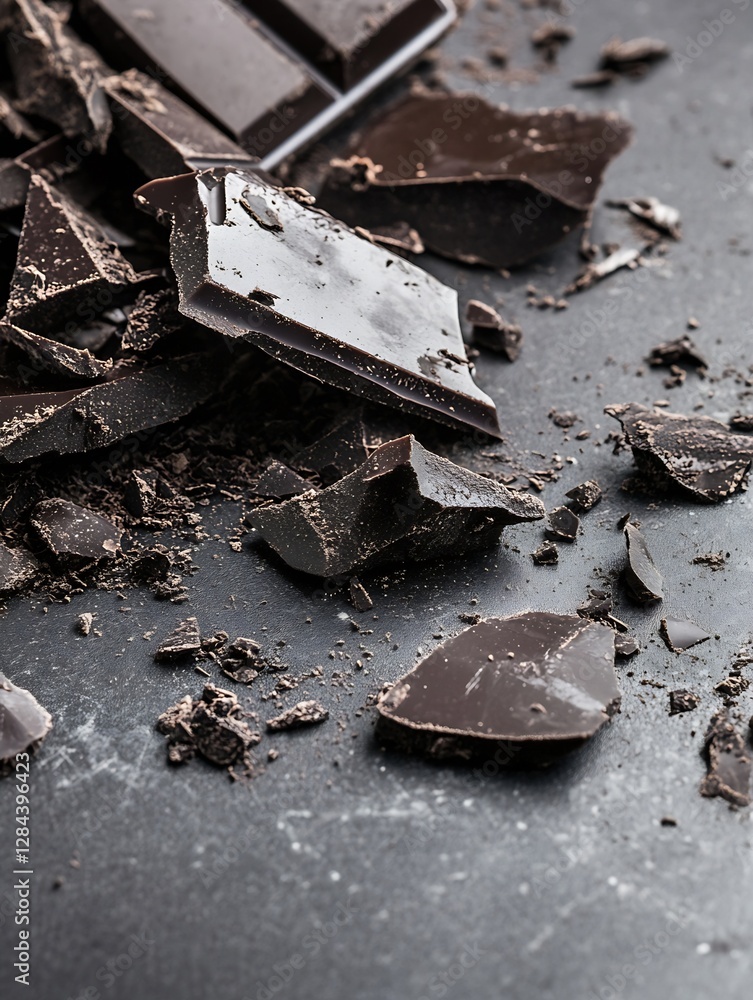 Aufkleber Dark Chocolate Pieces and Crumbs Spread Across a Surface Creating a Rich Texture : Generative AI